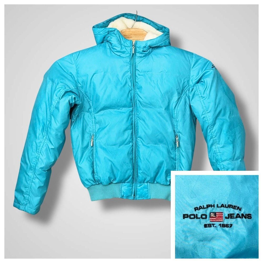 Polo Ralph Lauren Blue Down Jacket Womens Medium Sherpa Hooded Puffer Vintage‎